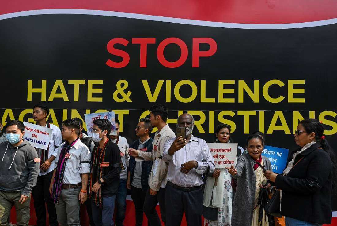 Activists and members representing the Christian community take part in a peaceful protest rally against what the claim as an increase in hostility, hate, and violence against Christians in various states of the country, in New Delhi on Feb 19