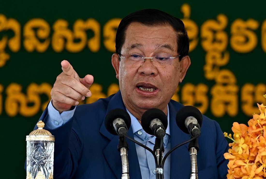 Cambodia's Prime Minister Hun Sen speaks during a groundbreaking ceremony for the construction of a 135km expressway from the capital Phnom Penh to Bavet city in Svay Rieng province on the Cambodia-Vietnam border, in Phnom Penh on June 7, 2023